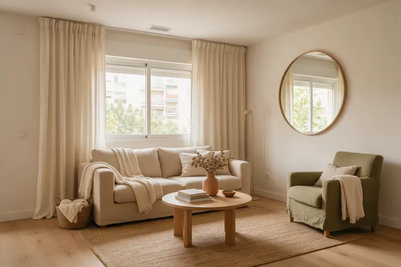 Salón cuadrado pequeño con espejo redondo y cortinas altas