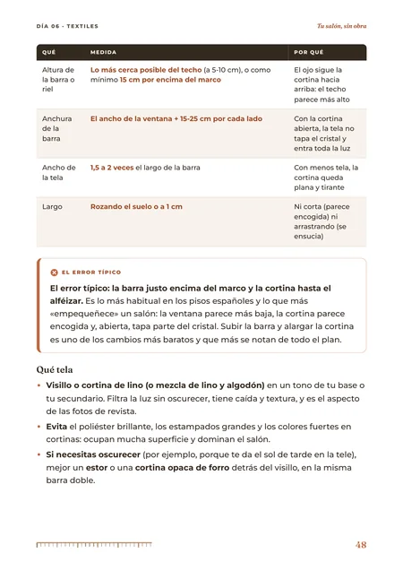 Página del día 6 con la tabla de medidas de las cortinas